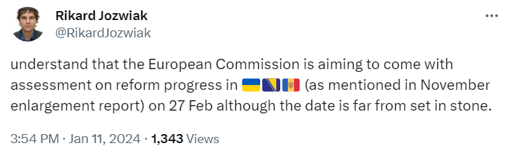 Єврокомісія може наприкінці лютого оцінити прогрес реформ України для вступу в ЄС, - ЗМІ